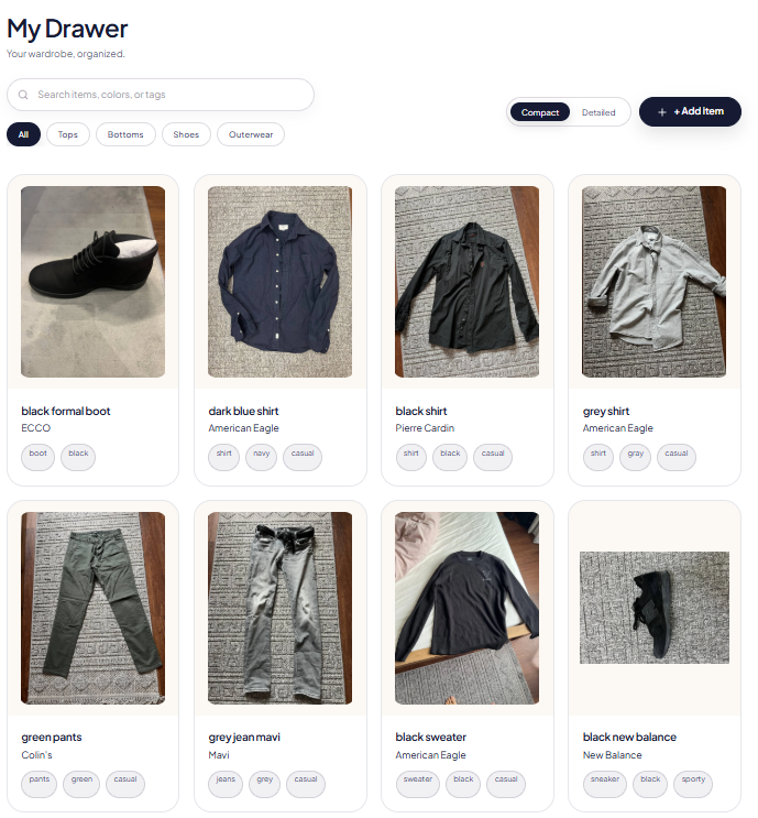 Using an app to organize closet to view categorized items on a smartphone