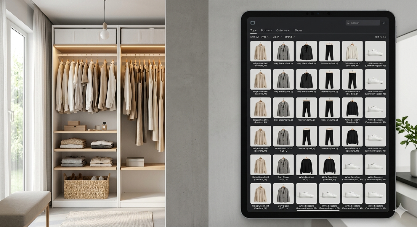 minimal digital wardrobe concept showing physical closet transforming into structured data